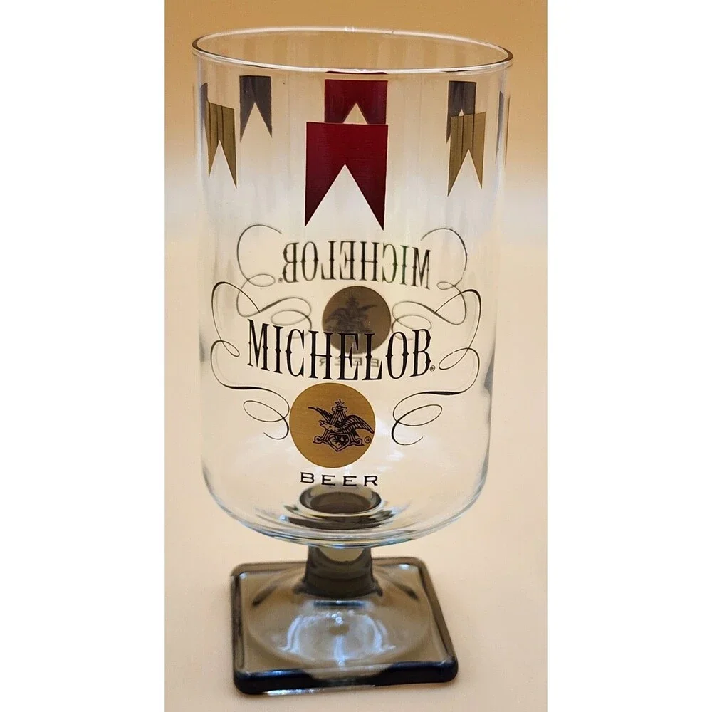 Set Of Six (6) Vintage Michelob Beer Glasses Square Footed Stem Base